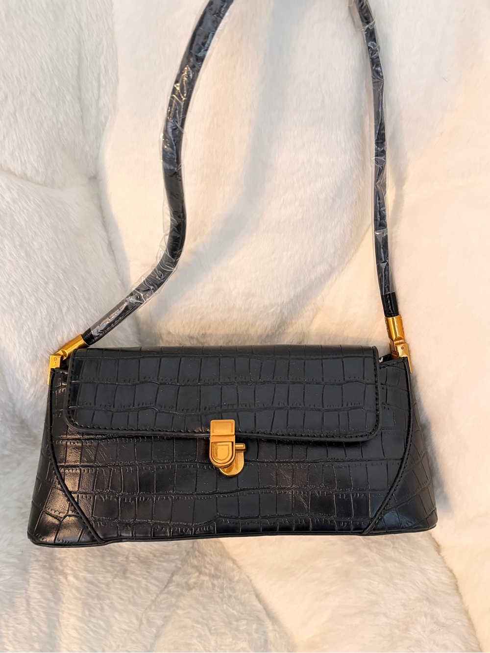 Black Croc-Embossed Shoulder Bag with Gold Hardware